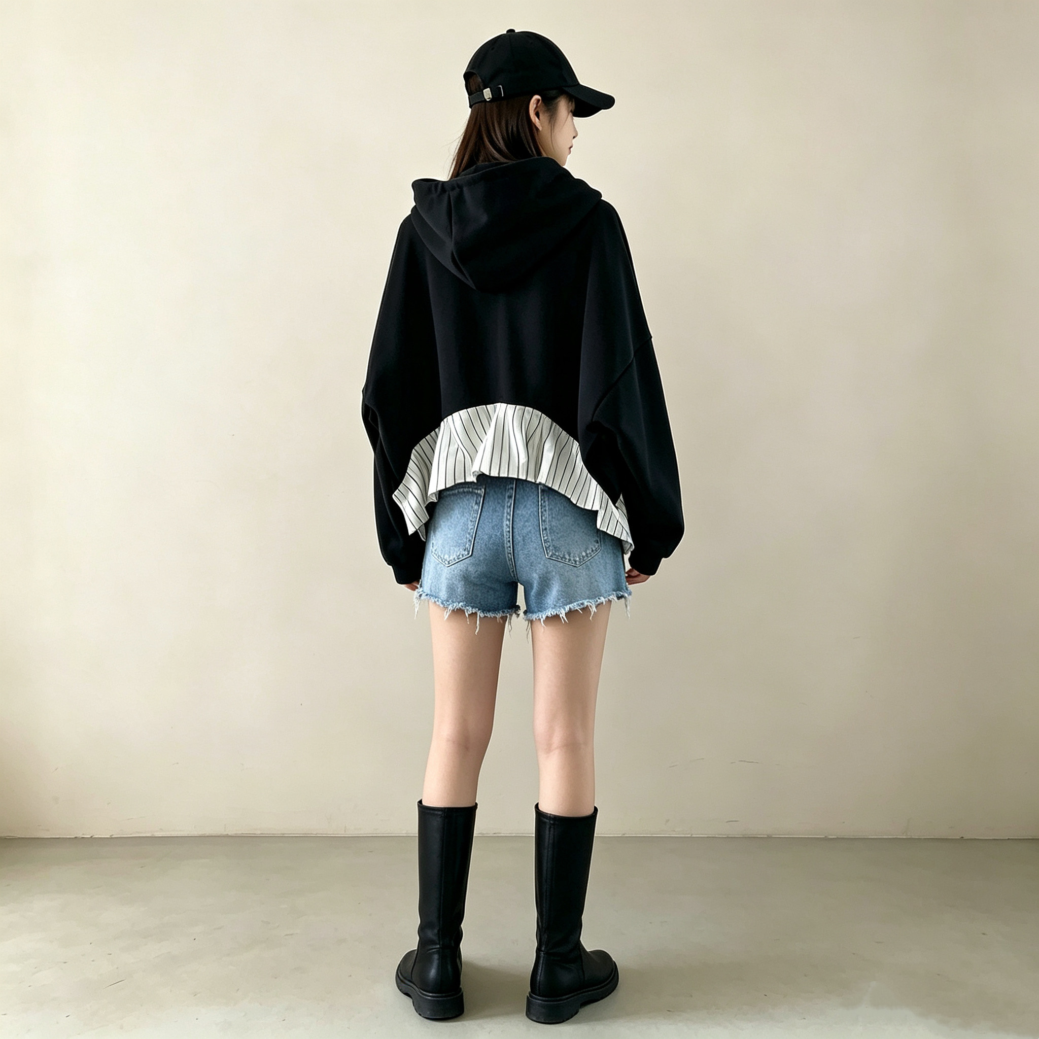 允格2026原创秋冬新款条纹荷叶边连帽卫衣女宽松短款百搭蝙蝠衫女