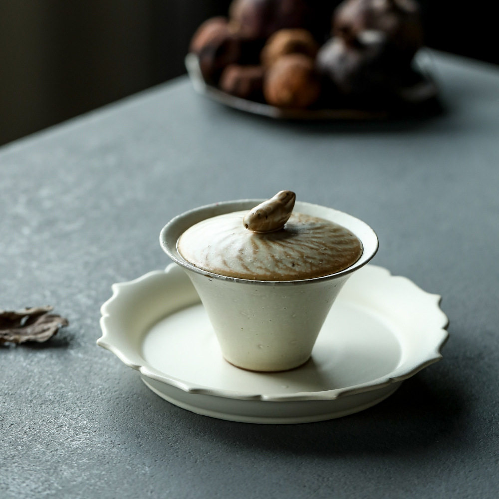 侘寂风无形而作开片粉引盖碗化妆土磨砂茶碗手工主泡器可开片