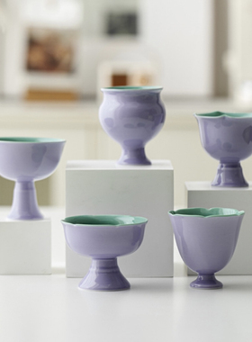 望山木槿紫仿宋高足茶杯功夫茶具家用陶瓷紫色松石绿品茗杯主人杯