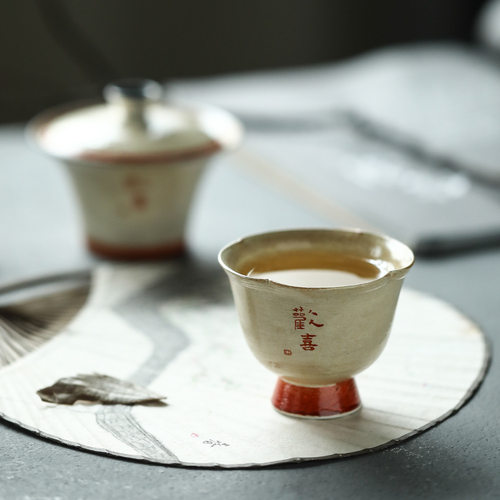 景德镇手工陶瓷正红花口欢喜茶杯单杯品茗杯主人杯鎏银高足杯