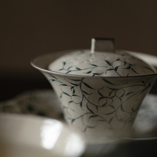 望山 青花釉下彩春芽水月二才盖碗手绘功夫茶具泡茶杯茶碗不烫