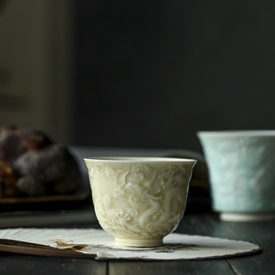 定窑主人杯男曲阳微澜定瓷白瓷高端送礼浮雕复古龙纳百福单杯茶具