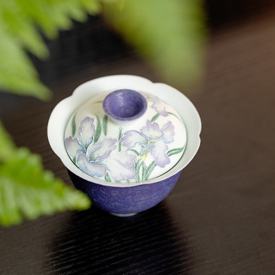 望山火石红暮云紫手绘鸢尾花仿古陶瓷家用盖碗功夫茶具花口泡茶碗