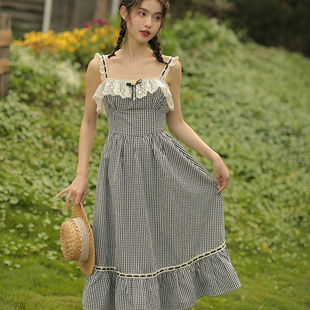 奈良吊带连衣裙2025新款法式复古连身裙子女夏季蕾丝长裙收腰显瘦