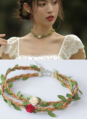 绿色藤蔓叶子法式女项链玫瑰