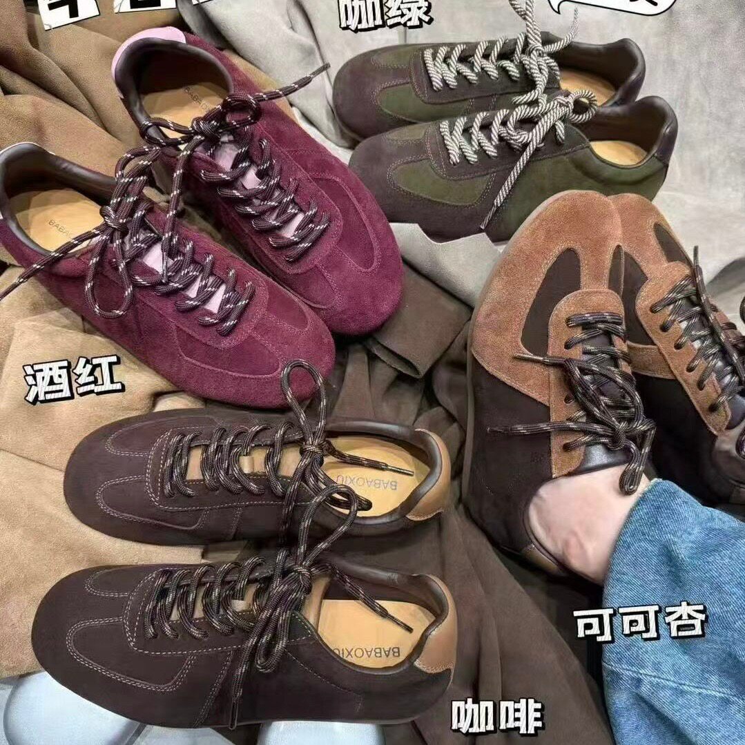 巴宝秀2026新款超火系带真皮透气舒适百搭德训鞋复古做旧休闲运动