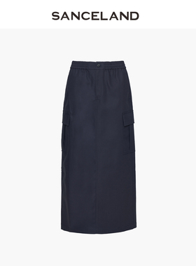 三石一澜夏新款纯棉工装风长款半身裙休闲大口袋直筒裙SJ83103246