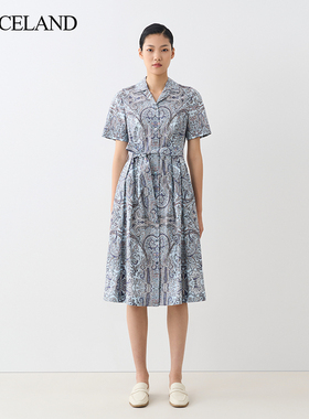 SANCELAND三石一澜秋长绒棉a字裙X型印花翻领连衣裙SG34102062