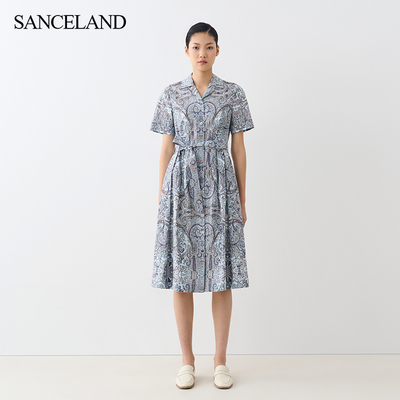 SANCELAND三石一澜秋长绒棉a字裙X型印花翻领连衣裙SG34102062