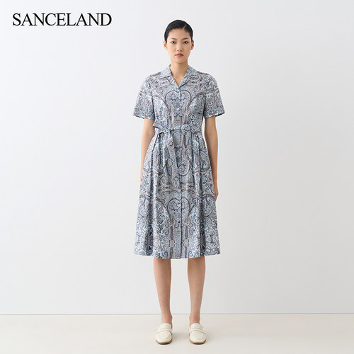 SANCELAND三石一澜秋长绒棉a字裙X型印花翻领连衣裙SG34102062