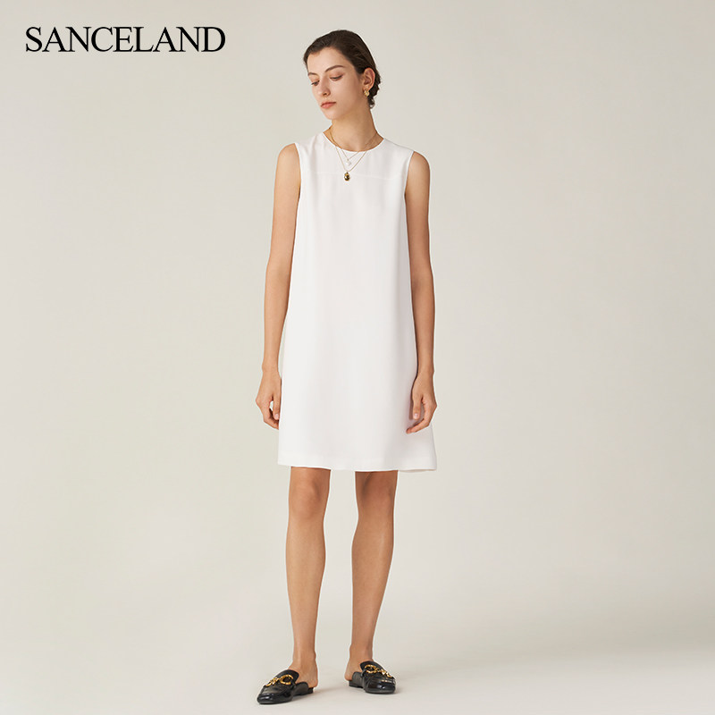SANCELAND三石一澜夏重乔真丝圆领直身H型无袖连衣裙SH24101087