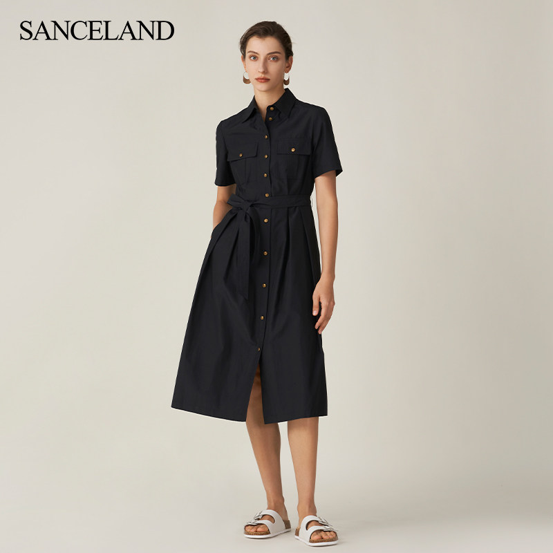 SANCELAND三石一澜夏季丝棉衬衣领收腰长款连衣裙SH24103099