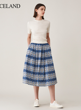 三石一澜夏季棉印花A字中高腰优雅大方遮肉显瘦半身裙SH23103146