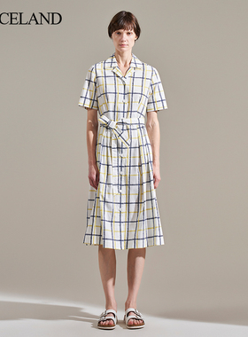 三石一澜复古格纹纯棉连衣裙女V领收腰显瘦气质简约SG24102067