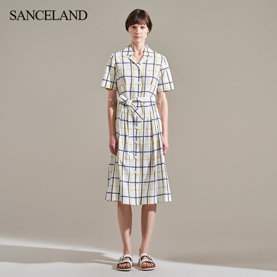 三石一澜纯棉格纹V领显瘦连衣裙