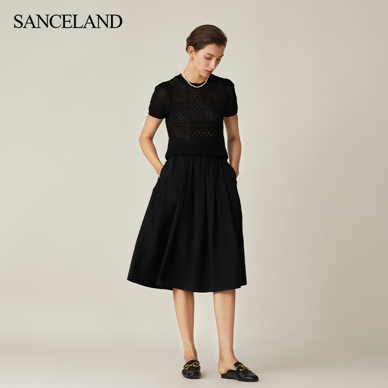 SANCELAND三石一澜夏真丝凸花绉半裙立体花纹中长裙SH23102078