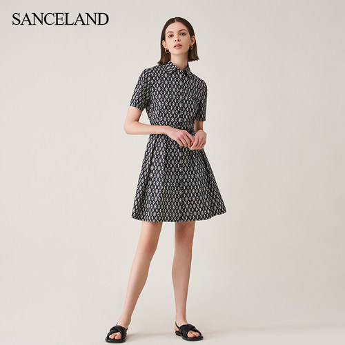 SANCELAND三石一澜夏季棉印花连衣裙X型收腰中长裙SH24101135