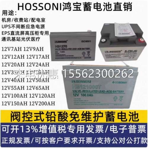 HOSSONI鸿宝蓄电池HB121000T机房12V4A7A24A40AH65AH100AH应急UPS