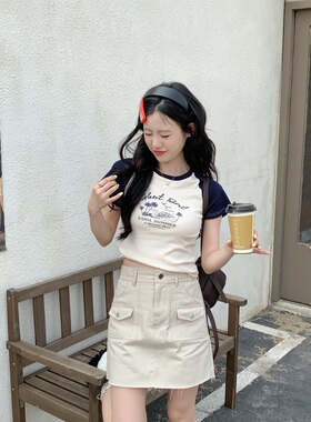 TC STORE GBOT DAT美式复古辣妹风版画紧身短款T恤女圆领短袖上衣