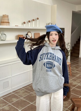 TC STORE SUTK美式复古字母连帽加绒拼色卫衣男女秋冬宽松情侣装