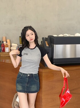 TC STORE GBOT DAT美式复古辣妹风拼色紧身短款T恤女圆领短袖上衣