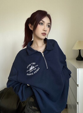 SUTK潮牌美式复古半拉链卫衣女秋冬新款宽松休闲慵懒风翻领上衣男