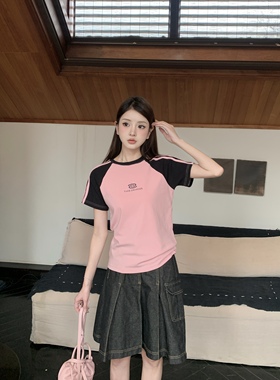 TC STORE TAKE CHANCES美式复古辣妹正肩短袖t恤女撞色插肩袖上衣