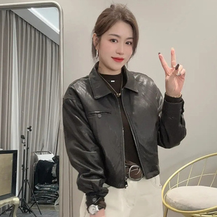2026春款薄款短款皮衣新款时尚翻领拉链洋气潮流PU皮衣夹克短外套
