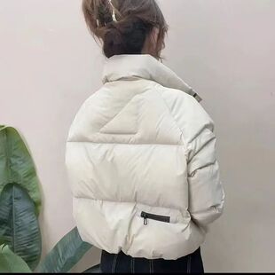 米白色短款白鸭绒羽绒服女2025冬季新时尚休闲面包服加厚保暖外套