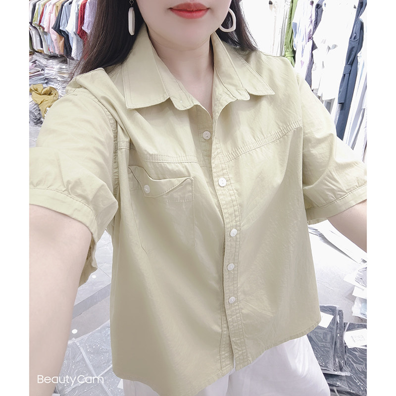 黄色短袖衬衫女夏季薄款2026新款小众外搭宽松短款polo领上衣外套图片