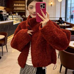 2026冬新欧货红色加绒加厚皮毛一体外套女欧货立领拉链羊羔毛外套