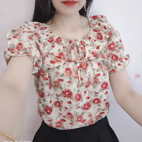 荷叶边碎花短袖雪纺衫打底衫