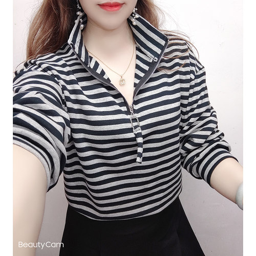 立领拉链条纹棉长袖女