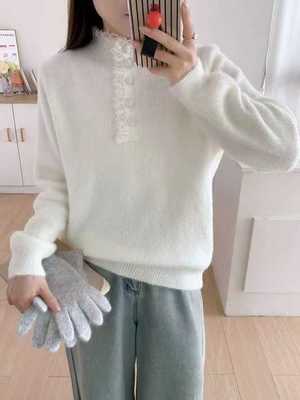 半高领毛衣女款2025新款冬季宽松洋气加厚蕾丝打底衫高级感上衣女