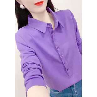 寸衫 秋冬新款 衬衣百搭显瘦打底衫 女POLO领纯色长袖 上衣 纯棉衬衫