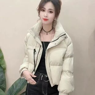 网红米白色短款白鸭绒羽绒服女冬季新时尚休闲面包服加厚保暖外套