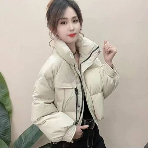 米白色短款白鸭绒羽绒服女2025冬季新时尚休闲面包服加厚保暖外套
