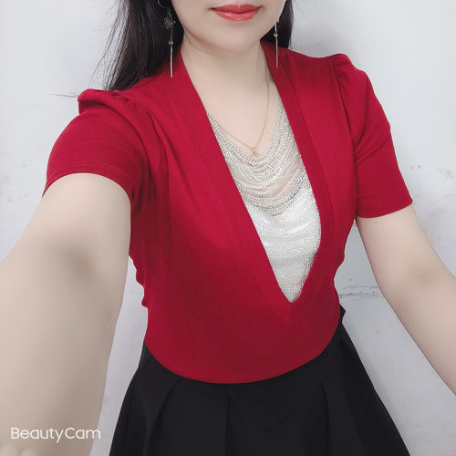 v领重工串珠短袖T恤女2026夏装新款洋气时尚高级感修身显瘦上衣潮