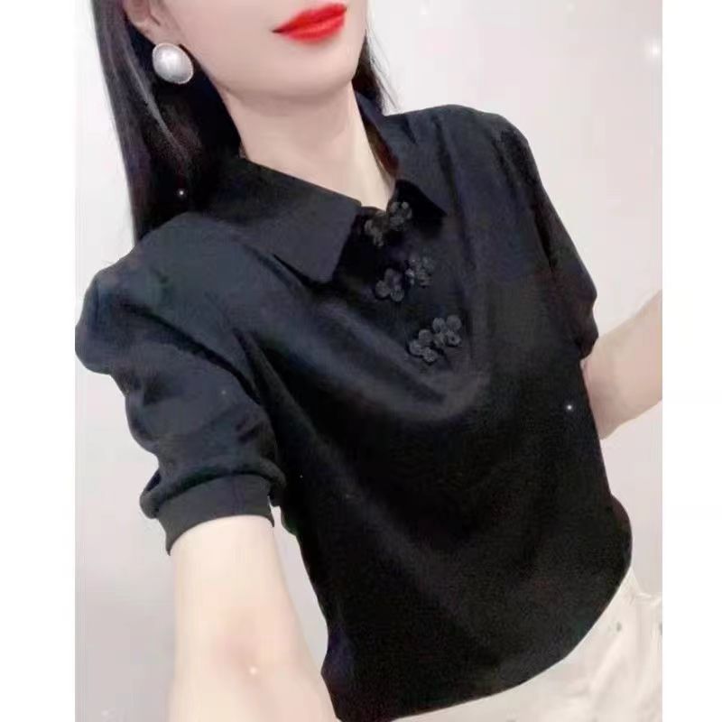 新中式国风polo衫t恤上衣女装夏季泡泡袖高级感正肩短袖盘扣小衫