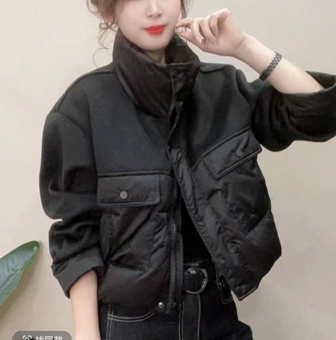 黑色立领轻薄短款羽绒服女冬季2026新款小个子羊绒拼接白鸭绒外套图片