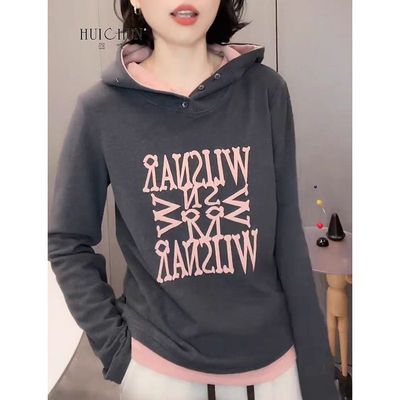 德绒卫衣拼接撞色连帽印花宽松胖mm2025年秋冬显瘦减龄薄绒上衣女