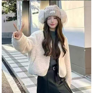 短款撞色米白色羊羔毛外套女2025冬款韩版宽松翻领仿皮毛一体上衣