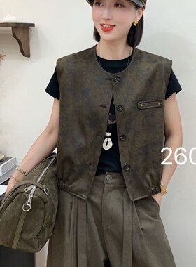 军绿色欧货秋新款高级感时尚复古圆领无袖拉链宽松马甲外套女外套