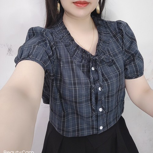 法式小资别致新款小衫2026夏季格纹短袖衬衫女气质减龄蓝色上衣