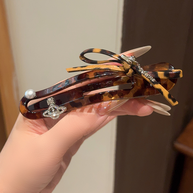 香榭魅影◆土星豹纹蝴蝶结一字型扁夹抓夹后脑勺盘夹子头饰发夹