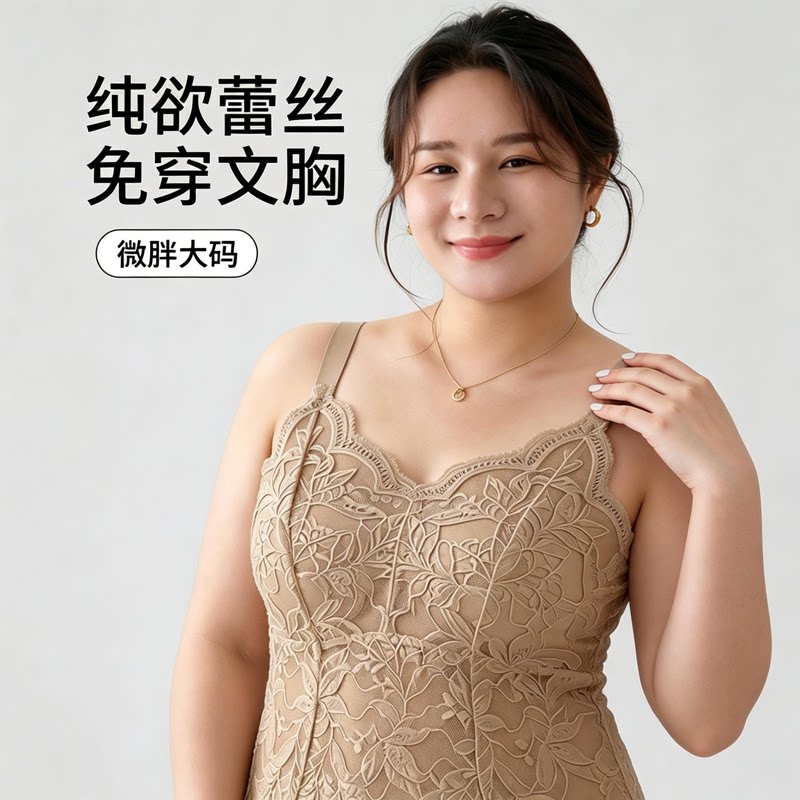 大码蕾丝吊带背心女外穿夏胖mm带胸垫遮肚子内搭文胸一体美背内衣图片