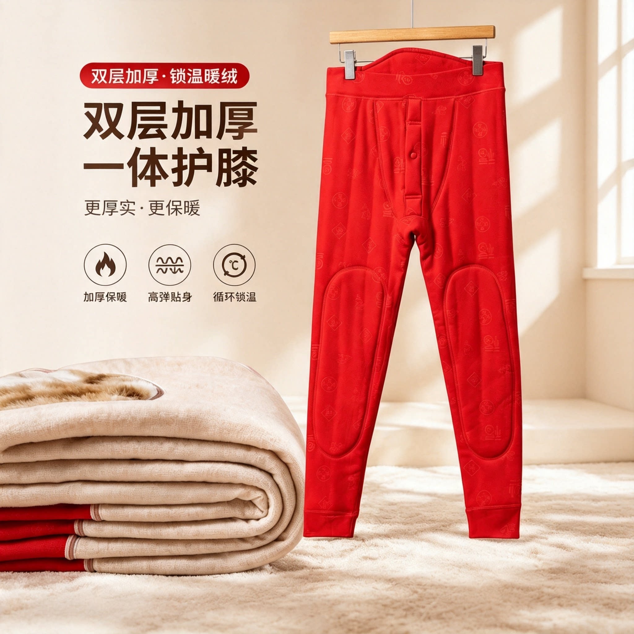 男款本命年加绒加厚大红色保暖裤高腰护腰护膝秋冬款红服棉裤贴身