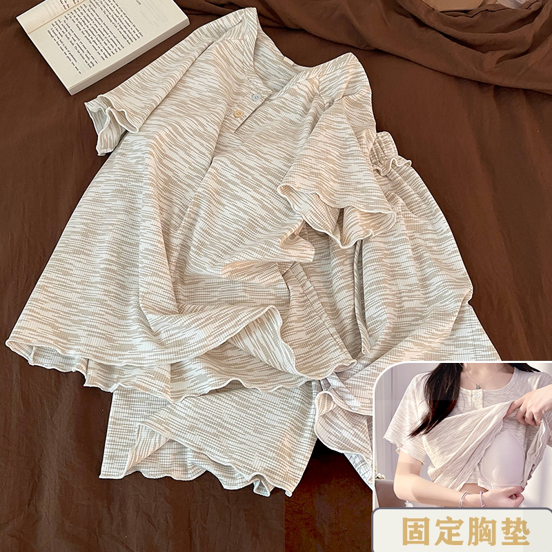 彩棉休闲家居服套装夏季短裤色织睡衣短袖慵懒风可外穿带胸垫女款