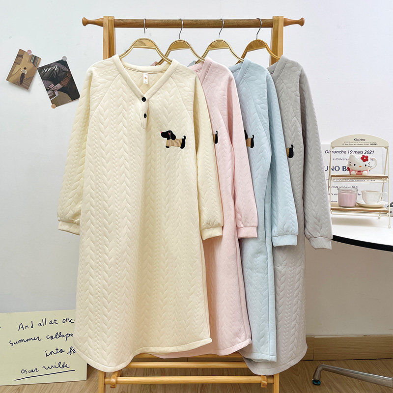 韩版2026新款中长款睡衣睡裙秋冬季空气棉女款纯棉夹层甜美家居裙