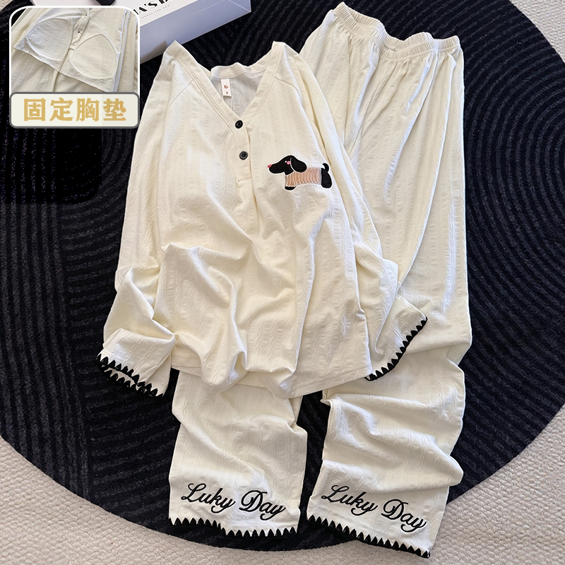 睡衣提花刺绣套装长裤针织棉家居服长袖女款带胸垫甜美春秋季韩系